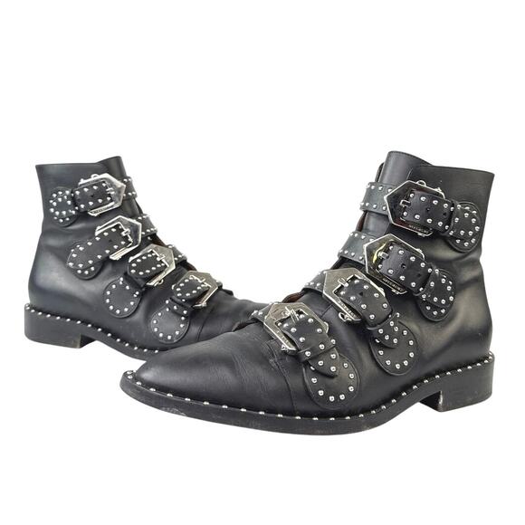 Givenchy Women's Black Leather Studded Buckle Pointed Toe Ankle Boots Size 7.5 - Picture 2 of 8